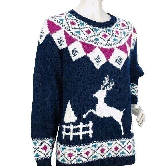 Vintage 80s Fair Isle Nordic 100% Hand Knit Wool Pullover Sweater Reindeer - Picture 3 of 6